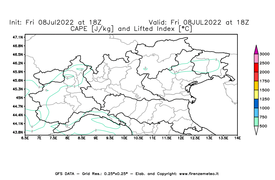 Mappa di analisi GFS - CAPE [J/kg] e Lifted Index [°C] in Nord-Italia
							del 08/07/2022 18 <!--googleoff: index-->UTC<!--googleon: index-->