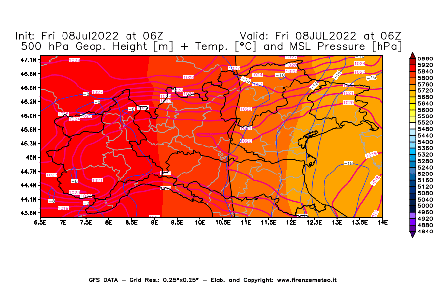 Mappa di analisi GFS - Geopotenziale [m] + Temp. [°C] a 500 hPa + Press. a livello del mare [hPa] in Nord-Italia
							del 08/07/2022 06 <!--googleoff: index-->UTC<!--googleon: index-->