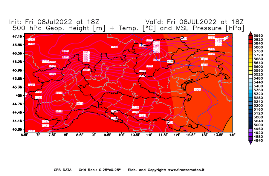 Mappa di analisi GFS - Geopotenziale [m] + Temp. [°C] a 500 hPa + Press. a livello del mare [hPa] in Nord-Italia
							del 08/07/2022 18 <!--googleoff: index-->UTC<!--googleon: index-->