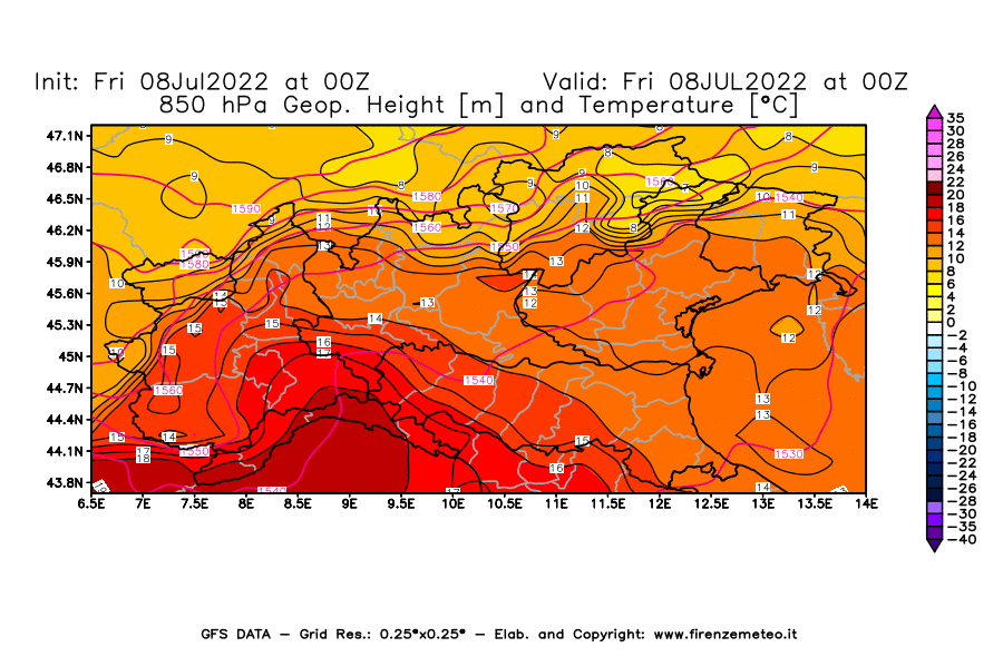 Mappa di analisi GFS - Geopotenziale [m] e Temperatura [°C] a 850 hPa in Nord-Italia
							del 08/07/2022 00 <!--googleoff: index-->UTC<!--googleon: index-->