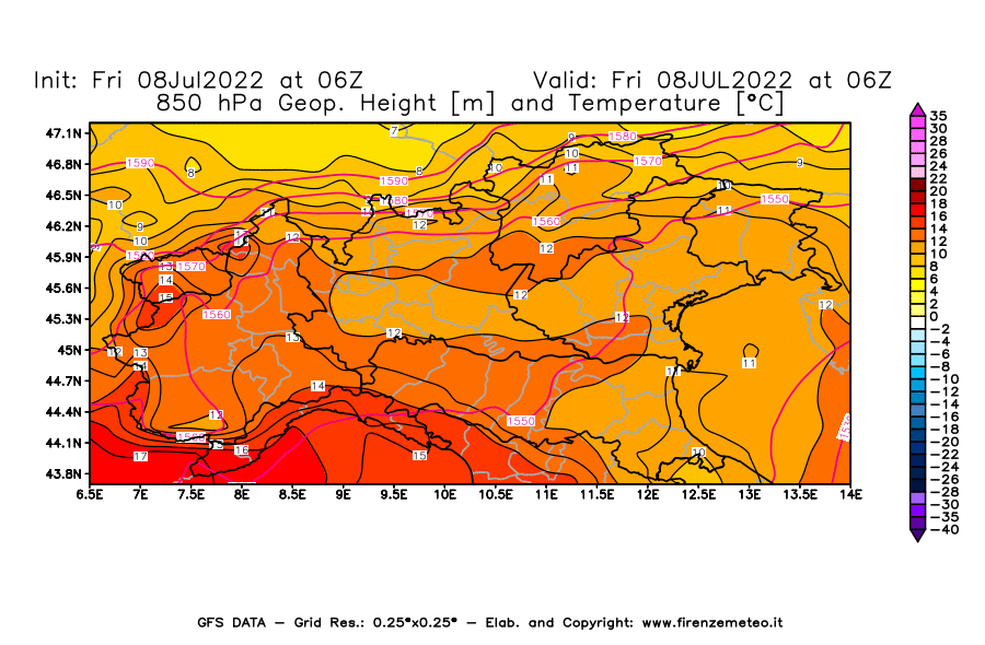 Mappa di analisi GFS - Geopotenziale [m] e Temperatura [°C] a 850 hPa in Nord-Italia
							del 08/07/2022 06 <!--googleoff: index-->UTC<!--googleon: index-->