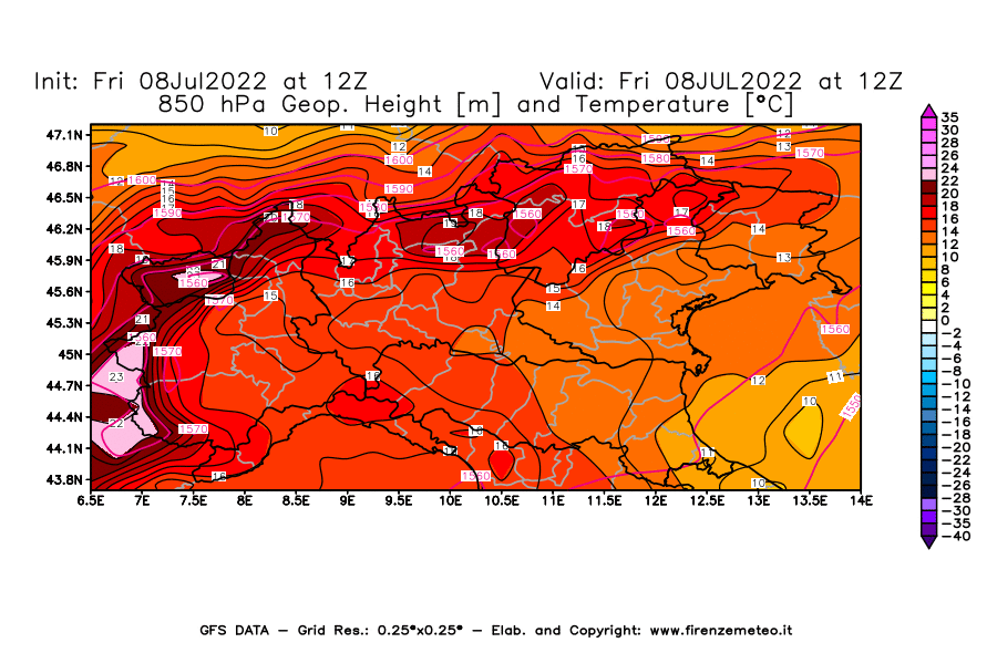 Mappa di analisi GFS - Geopotenziale [m] e Temperatura [°C] a 850 hPa in Nord-Italia
							del 08/07/2022 12 <!--googleoff: index-->UTC<!--googleon: index-->