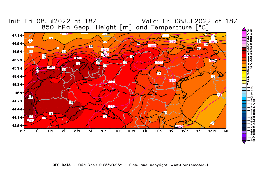 Mappa di analisi GFS - Geopotenziale [m] e Temperatura [°C] a 850 hPa in Nord-Italia
							del 08/07/2022 18 <!--googleoff: index-->UTC<!--googleon: index-->