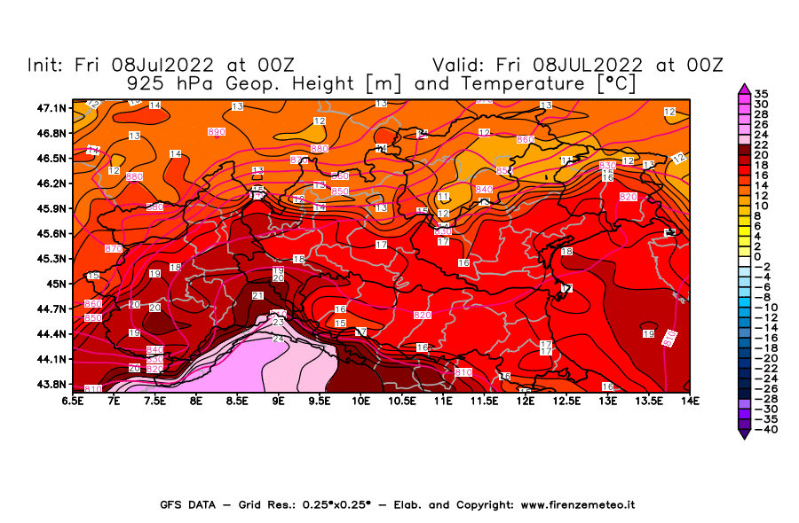 Mappa di analisi GFS - Geopotenziale [m] e Temperatura [°C] a 925 hPa in Nord-Italia
							del 08/07/2022 00 <!--googleoff: index-->UTC<!--googleon: index-->