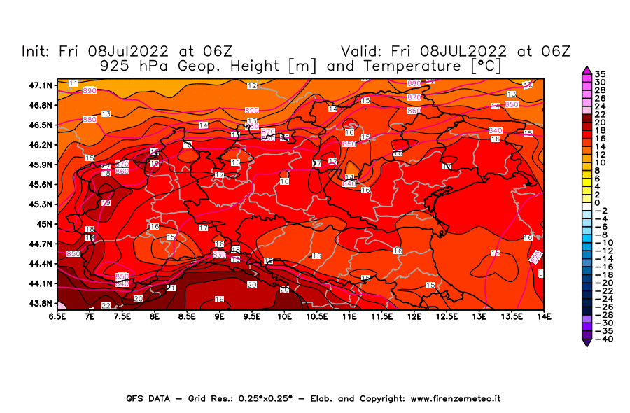 Mappa di analisi GFS - Geopotenziale [m] e Temperatura [°C] a 925 hPa in Nord-Italia
							del 08/07/2022 06 <!--googleoff: index-->UTC<!--googleon: index-->