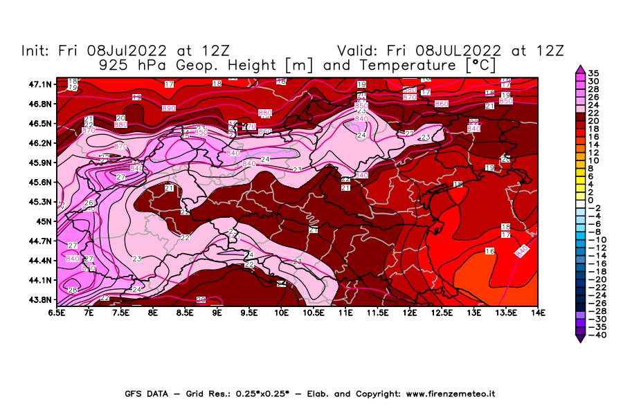 Mappa di analisi GFS - Geopotenziale [m] e Temperatura [°C] a 925 hPa in Nord-Italia
							del 08/07/2022 12 <!--googleoff: index-->UTC<!--googleon: index-->
