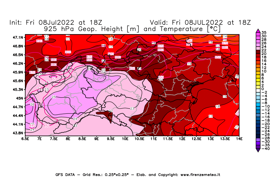 Mappa di analisi GFS - Geopotenziale [m] e Temperatura [°C] a 925 hPa in Nord-Italia
							del 08/07/2022 18 <!--googleoff: index-->UTC<!--googleon: index-->