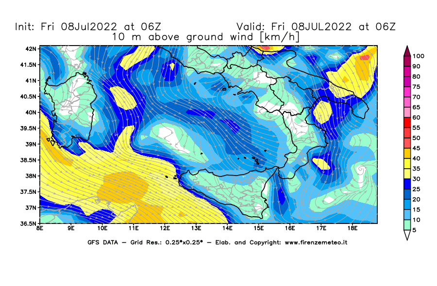 Mappa di analisi GFS - Velocità del vento a 10 metri dal suolo [km/h] in Sud-Italia
							del 08/07/2022 06 <!--googleoff: index-->UTC<!--googleon: index-->