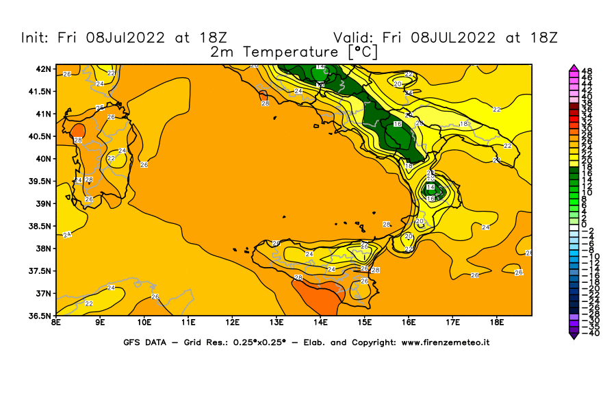 Mappa di analisi GFS - Temperatura a 2 metri dal suolo [°C] in Sud-Italia
							del 08/07/2022 18 <!--googleoff: index-->UTC<!--googleon: index-->