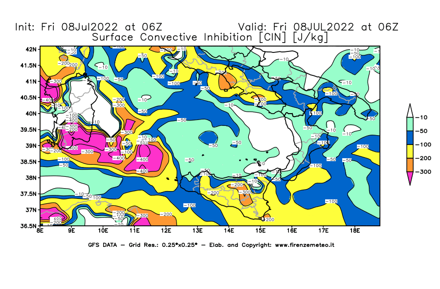 Mappa di analisi GFS - CIN [J/kg] in Sud-Italia
							del 08/07/2022 06 <!--googleoff: index-->UTC<!--googleon: index-->