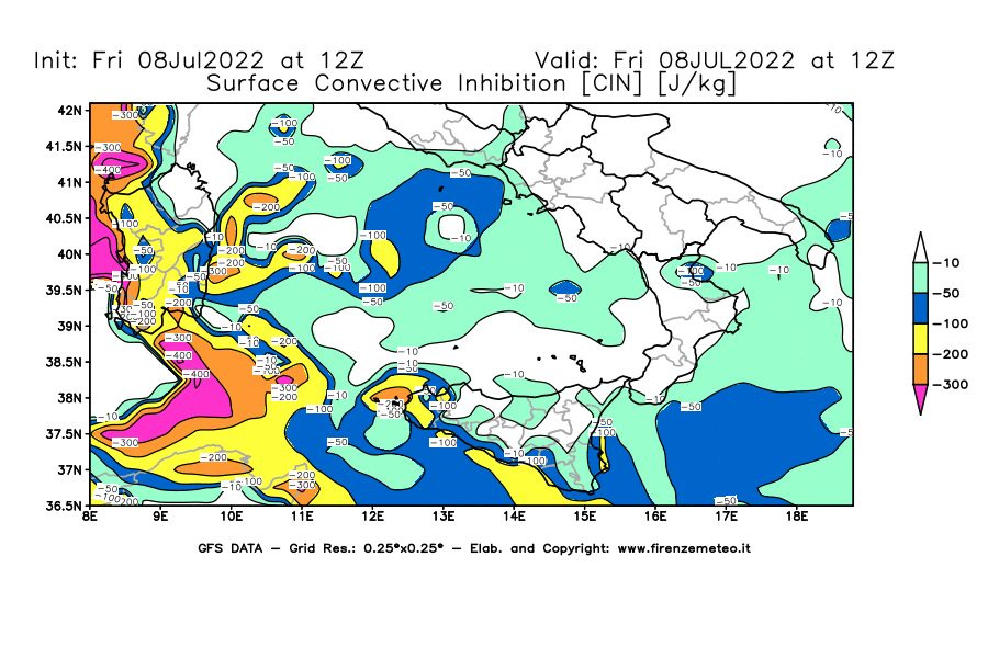 Mappa di analisi GFS - CIN [J/kg] in Sud-Italia
							del 08/07/2022 12 <!--googleoff: index-->UTC<!--googleon: index-->