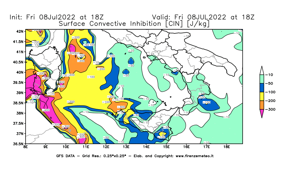 Mappa di analisi GFS - CIN [J/kg] in Sud-Italia
							del 08/07/2022 18 <!--googleoff: index-->UTC<!--googleon: index-->