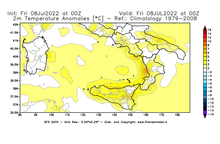 Mappa di analisi GFS - Anomalia Temperatura [°C] a 2 m in Sud-Italia
							del 08/07/2022 00 <!--googleoff: index-->UTC<!--googleon: index-->