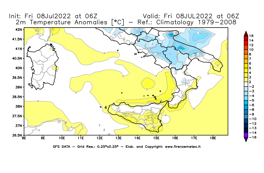 Mappa di analisi GFS - Anomalia Temperatura [°C] a 2 m in Sud-Italia
							del 08/07/2022 06 <!--googleoff: index-->UTC<!--googleon: index-->