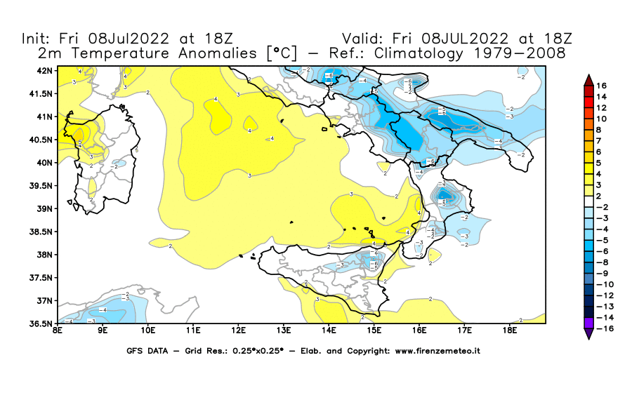 Mappa di analisi GFS - Anomalia Temperatura [°C] a 2 m in Sud-Italia
							del 08/07/2022 18 <!--googleoff: index-->UTC<!--googleon: index-->