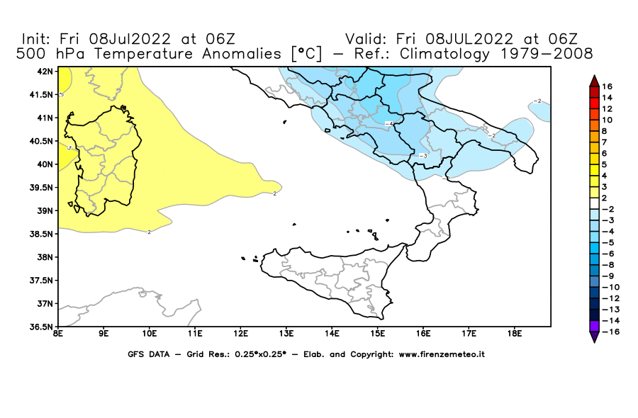 Mappa di analisi GFS - Anomalia Temperatura [°C] a 500 hPa in Sud-Italia
							del 08/07/2022 06 <!--googleoff: index-->UTC<!--googleon: index-->