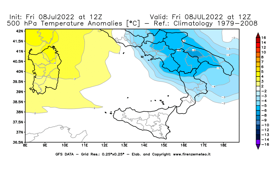 Mappa di analisi GFS - Anomalia Temperatura [°C] a 500 hPa in Sud-Italia
							del 08/07/2022 12 <!--googleoff: index-->UTC<!--googleon: index-->