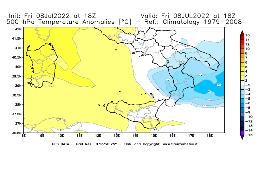 Mappa di analisi GFS - Anomalia Temperatura [°C] a 500 hPa in Sud-Italia
							del 08/07/2022 18 <!--googleoff: index-->UTC<!--googleon: index-->