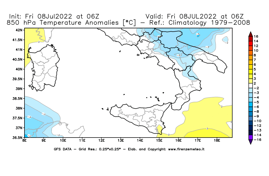 Mappa di analisi GFS - Anomalia Temperatura [°C] a 850 hPa in Sud-Italia
							del 08/07/2022 06 <!--googleoff: index-->UTC<!--googleon: index-->