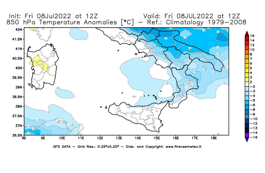 Mappa di analisi GFS - Anomalia Temperatura [°C] a 850 hPa in Sud-Italia
							del 08/07/2022 12 <!--googleoff: index-->UTC<!--googleon: index-->