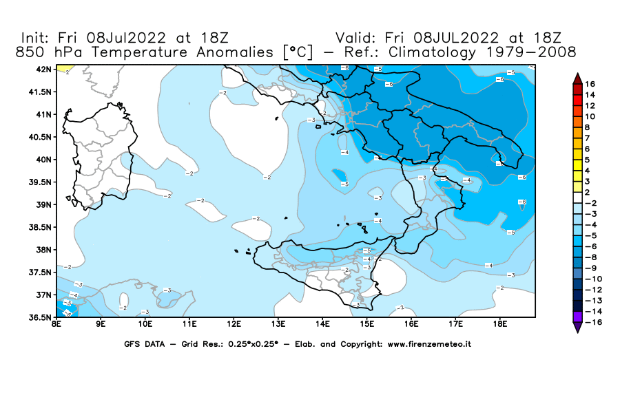 Mappa di analisi GFS - Anomalia Temperatura [°C] a 850 hPa in Sud-Italia
							del 08/07/2022 18 <!--googleoff: index-->UTC<!--googleon: index-->