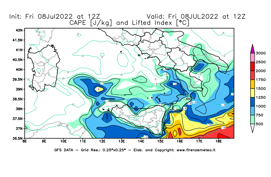 Mappa di analisi GFS - CAPE [J/kg] e Lifted Index [°C] in Sud-Italia
							del 08/07/2022 12 <!--googleoff: index-->UTC<!--googleon: index-->