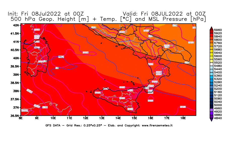 Mappa di analisi GFS - Geopotenziale [m] + Temp. [°C] a 500 hPa + Press. a livello del mare [hPa] in Sud-Italia
							del 08/07/2022 00 <!--googleoff: index-->UTC<!--googleon: index-->