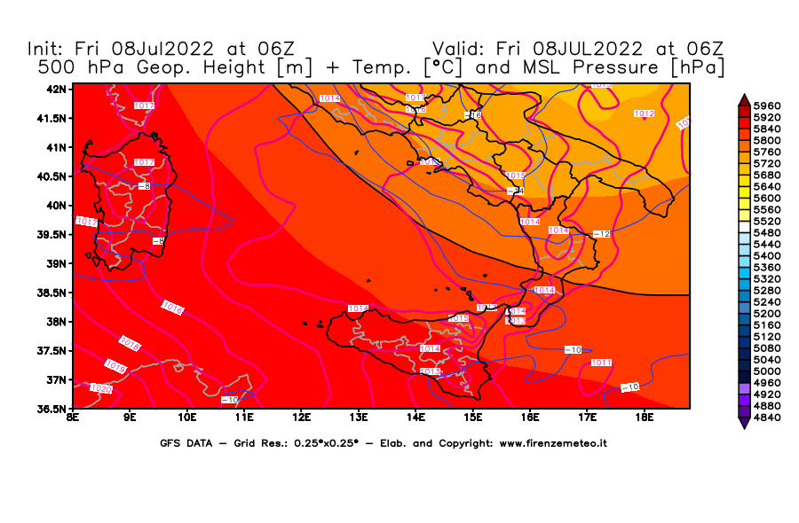 Mappa di analisi GFS - Geopotenziale [m] + Temp. [°C] a 500 hPa + Press. a livello del mare [hPa] in Sud-Italia
							del 08/07/2022 06 <!--googleoff: index-->UTC<!--googleon: index-->