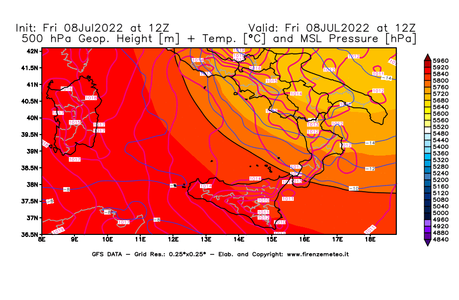Mappa di analisi GFS - Geopotenziale [m] + Temp. [°C] a 500 hPa + Press. a livello del mare [hPa] in Sud-Italia
							del 08/07/2022 12 <!--googleoff: index-->UTC<!--googleon: index-->