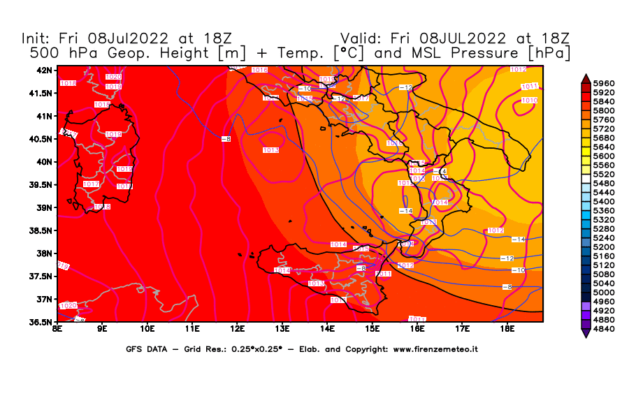Mappa di analisi GFS - Geopotenziale [m] + Temp. [°C] a 500 hPa + Press. a livello del mare [hPa] in Sud-Italia
							del 08/07/2022 18 <!--googleoff: index-->UTC<!--googleon: index-->