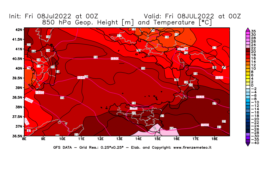 Mappa di analisi GFS - Geopotenziale [m] e Temperatura [°C] a 850 hPa in Sud-Italia
							del 08/07/2022 00 <!--googleoff: index-->UTC<!--googleon: index-->