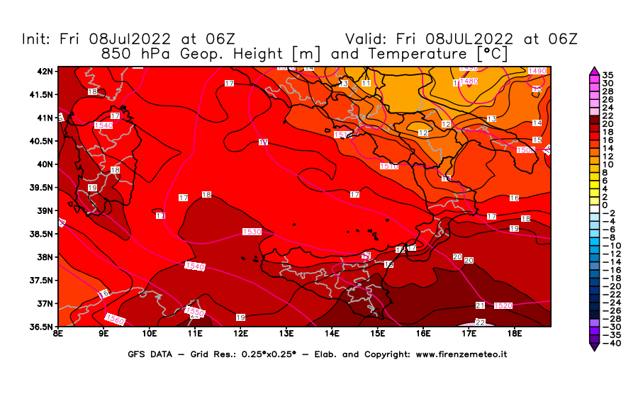 Mappa di analisi GFS - Geopotenziale [m] e Temperatura [°C] a 850 hPa in Sud-Italia
							del 08/07/2022 06 <!--googleoff: index-->UTC<!--googleon: index-->