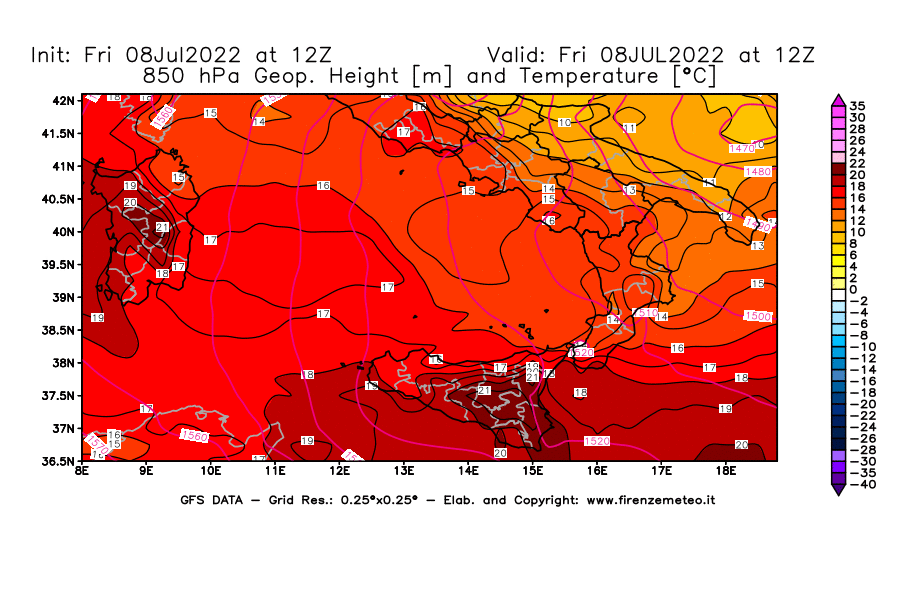 Mappa di analisi GFS - Geopotenziale [m] e Temperatura [°C] a 850 hPa in Sud-Italia
							del 08/07/2022 12 <!--googleoff: index-->UTC<!--googleon: index-->
