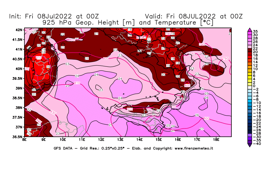 Mappa di analisi GFS - Geopotenziale [m] e Temperatura [°C] a 925 hPa in Sud-Italia
							del 08/07/2022 00 <!--googleoff: index-->UTC<!--googleon: index-->