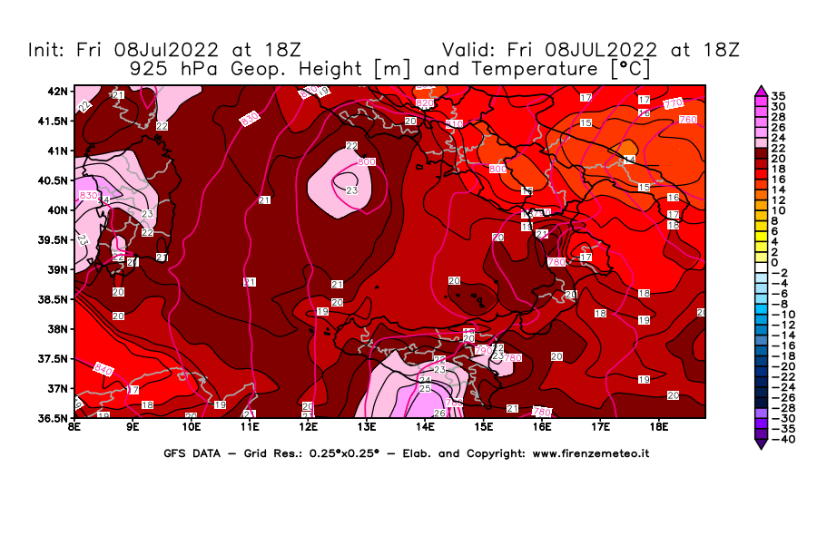 Mappa di analisi GFS - Geopotenziale [m] e Temperatura [°C] a 925 hPa in Sud-Italia
							del 08/07/2022 18 <!--googleoff: index-->UTC<!--googleon: index-->