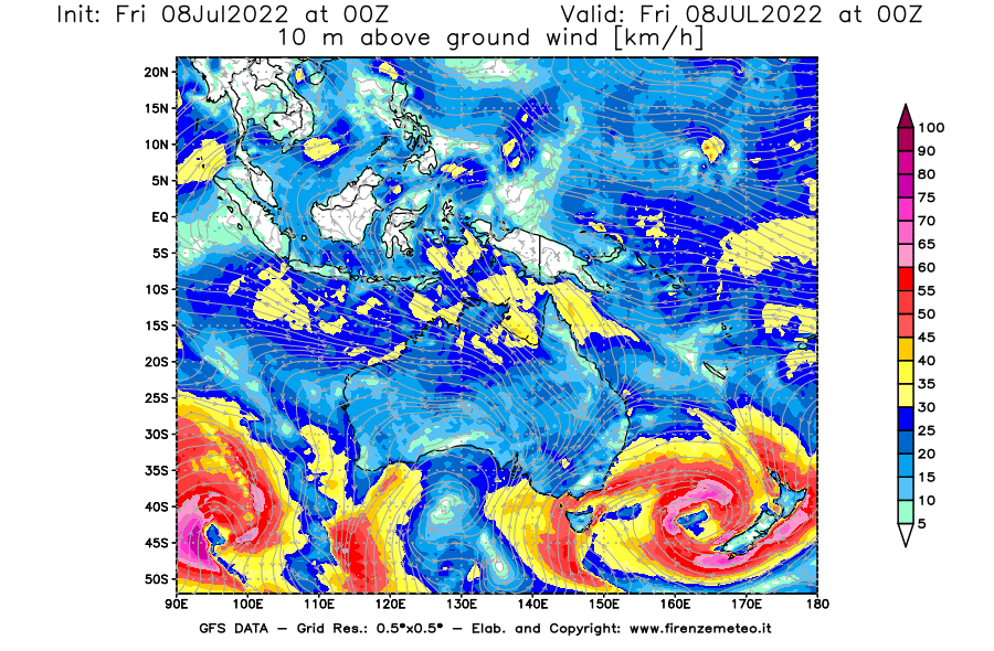 Mappa di analisi GFS - Velocità del vento a 10 metri dal suolo [km/h] in Oceania
							del 08/07/2022 00 <!--googleoff: index-->UTC<!--googleon: index-->