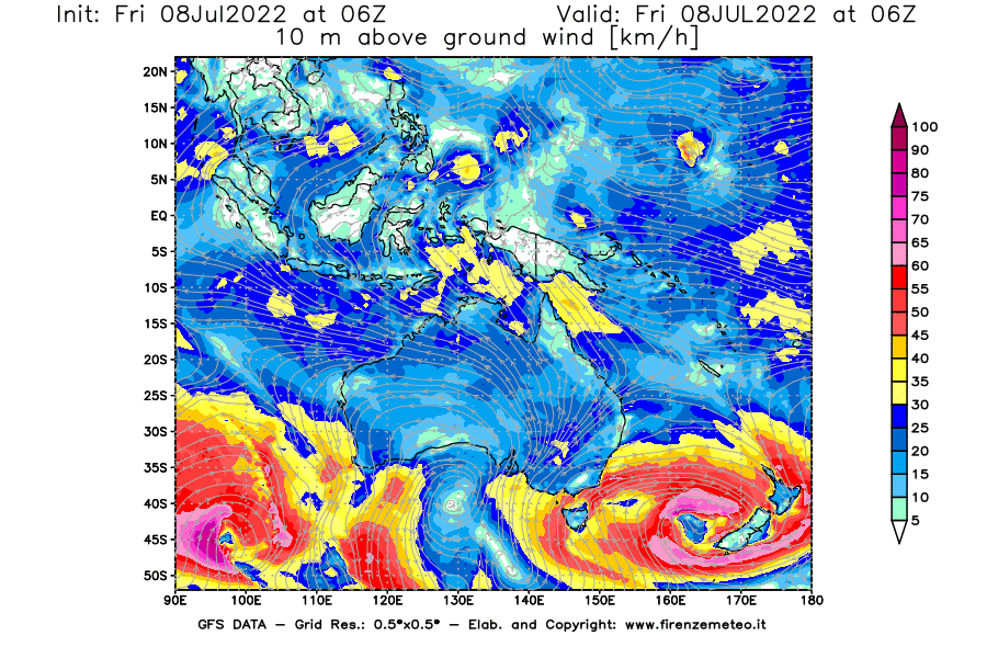 Mappa di analisi GFS - Velocità del vento a 10 metri dal suolo [km/h] in Oceania
							del 08/07/2022 06 <!--googleoff: index-->UTC<!--googleon: index-->