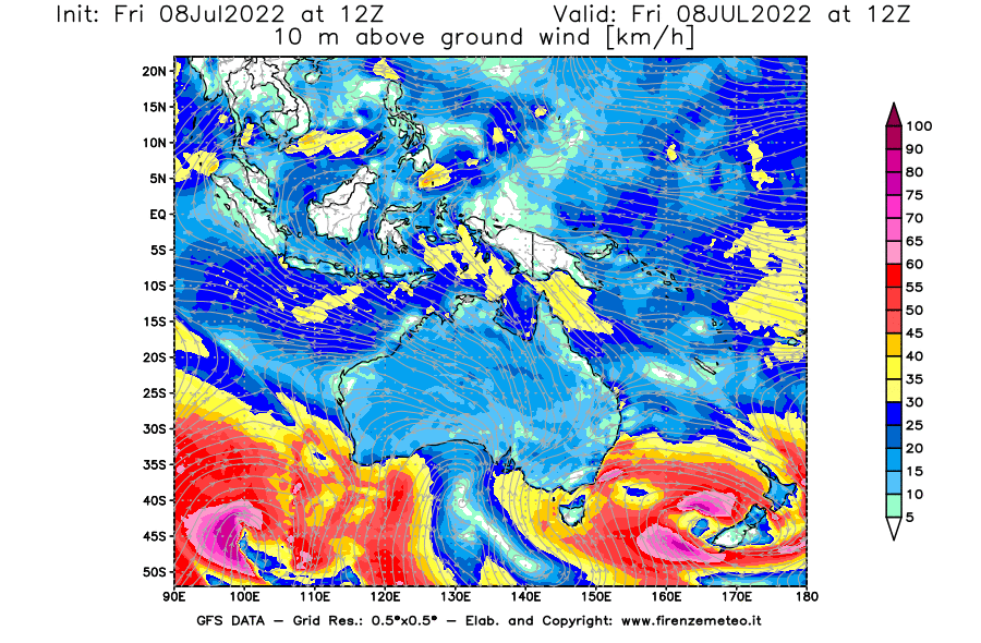 Mappa di analisi GFS - Velocità del vento a 10 metri dal suolo [km/h] in Oceania
							del 08/07/2022 12 <!--googleoff: index-->UTC<!--googleon: index-->