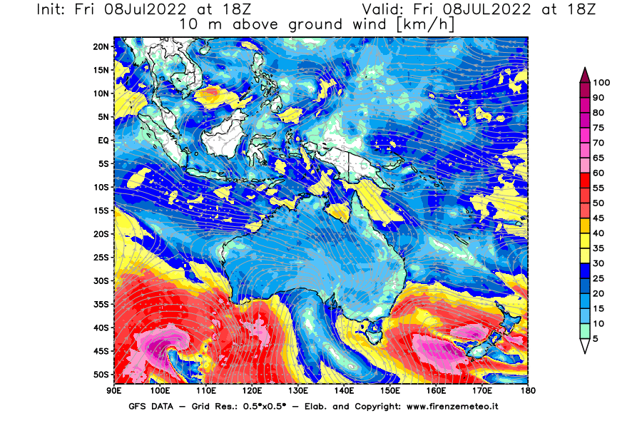 Mappa di analisi GFS - Velocità del vento a 10 metri dal suolo [km/h] in Oceania
							del 08/07/2022 18 <!--googleoff: index-->UTC<!--googleon: index-->