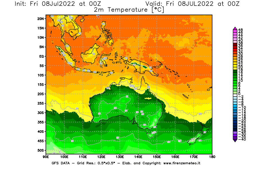 Mappa di analisi GFS - Temperatura a 2 metri dal suolo [°C] in Oceania
							del 08/07/2022 00 <!--googleoff: index-->UTC<!--googleon: index-->