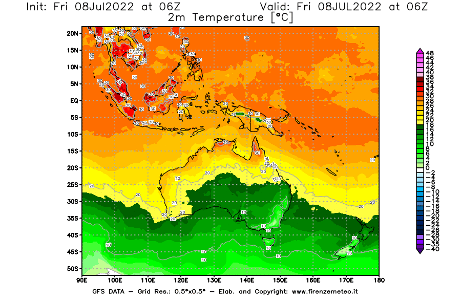 Mappa di analisi GFS - Temperatura a 2 metri dal suolo [°C] in Oceania
							del 08/07/2022 06 <!--googleoff: index-->UTC<!--googleon: index-->