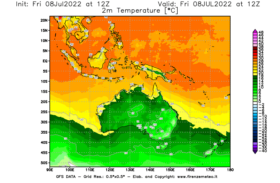 Mappa di analisi GFS - Temperatura a 2 metri dal suolo [°C] in Oceania
							del 08/07/2022 12 <!--googleoff: index-->UTC<!--googleon: index-->