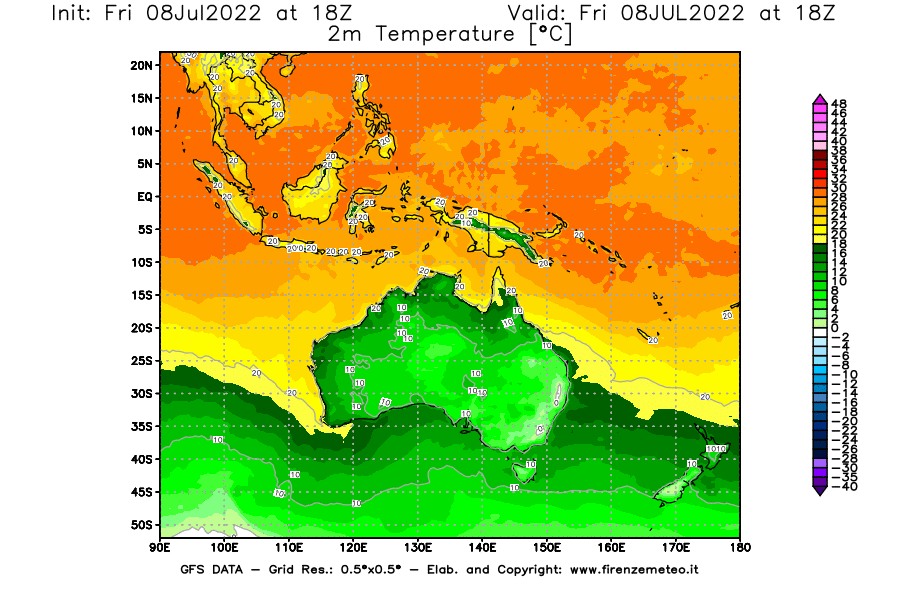 Mappa di analisi GFS - Temperatura a 2 metri dal suolo [°C] in Oceania
							del 08/07/2022 18 <!--googleoff: index-->UTC<!--googleon: index-->