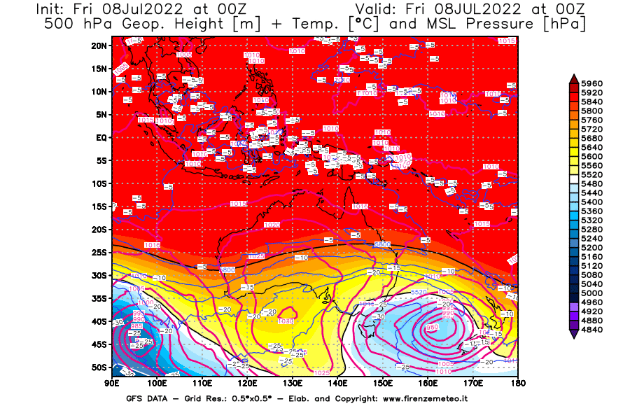 Mappa di analisi GFS - Geopotenziale [m] + Temp. [°C] a 500 hPa + Press. a livello del mare [hPa] in Oceania
							del 08/07/2022 00 <!--googleoff: index-->UTC<!--googleon: index-->