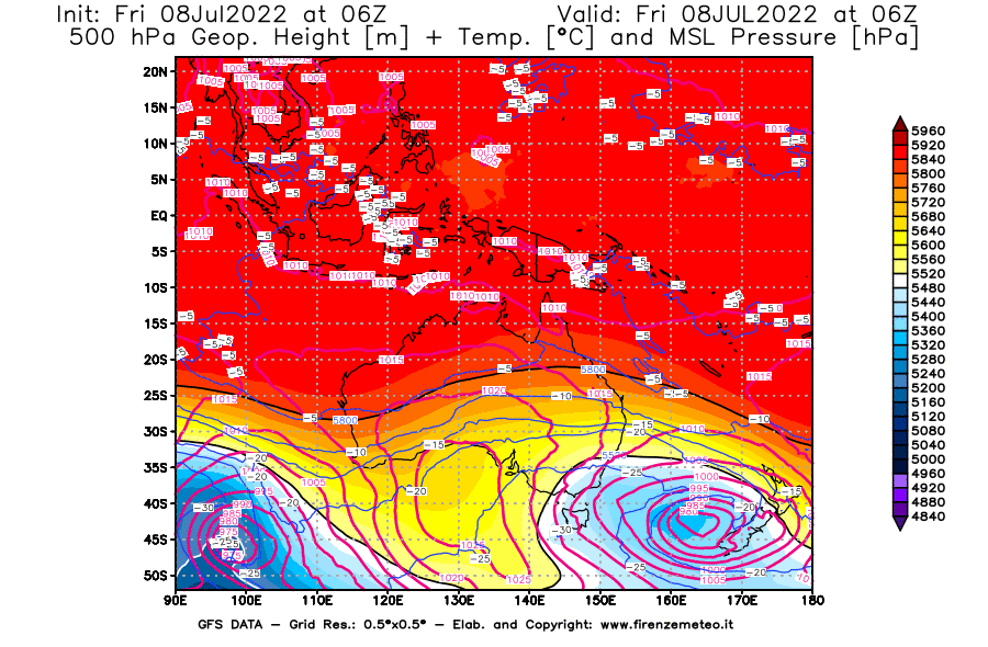 Mappa di analisi GFS - Geopotenziale [m] + Temp. [°C] a 500 hPa + Press. a livello del mare [hPa] in Oceania
							del 08/07/2022 06 <!--googleoff: index-->UTC<!--googleon: index-->