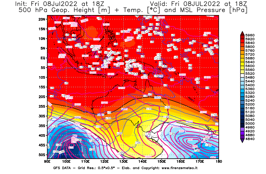 Mappa di analisi GFS - Geopotenziale [m] + Temp. [°C] a 500 hPa + Press. a livello del mare [hPa] in Oceania
							del 08/07/2022 18 <!--googleoff: index-->UTC<!--googleon: index-->