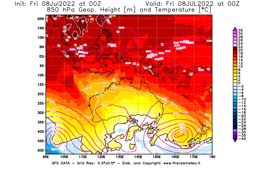 Mappa di analisi GFS - Geopotenziale [m] e Temperatura [°C] a 850 hPa in Oceania
							del 08/07/2022 00 <!--googleoff: index-->UTC<!--googleon: index-->