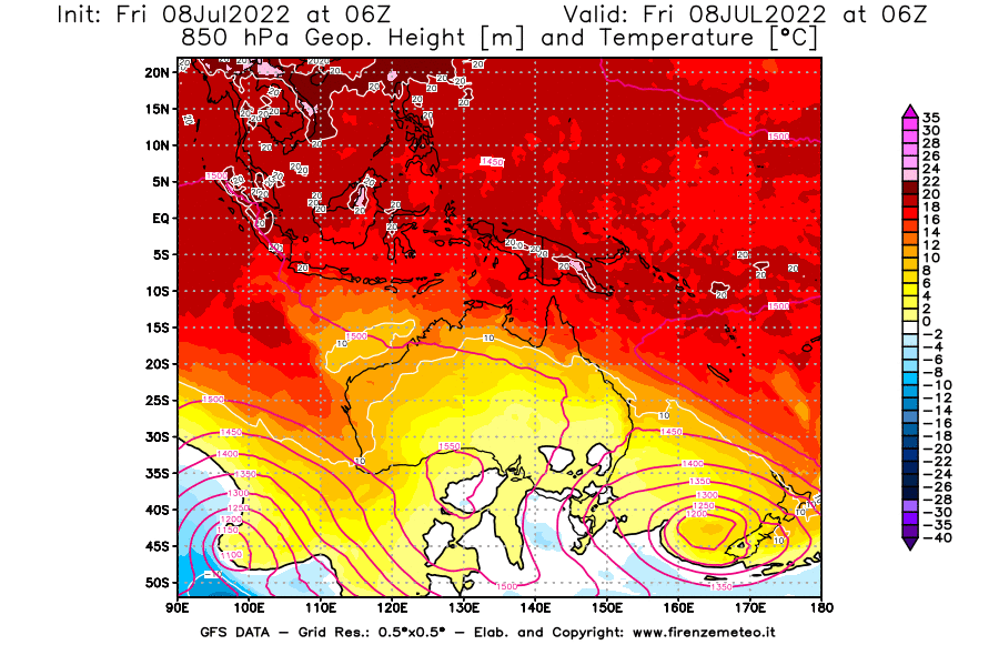 Mappa di analisi GFS - Geopotenziale [m] e Temperatura [°C] a 850 hPa in Oceania
							del 08/07/2022 06 <!--googleoff: index-->UTC<!--googleon: index-->