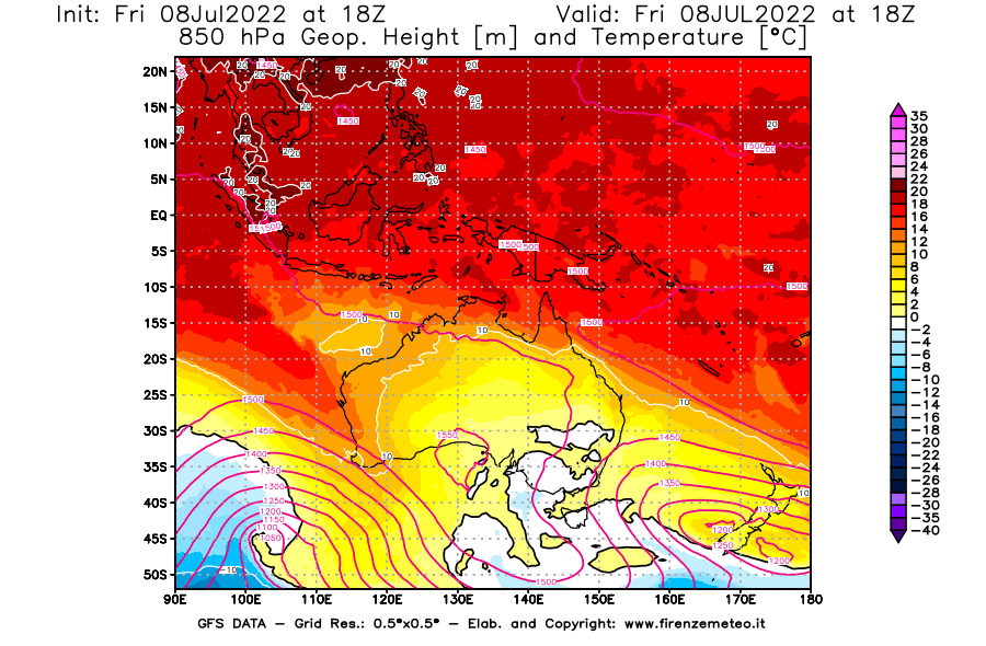 Mappa di analisi GFS - Geopotenziale [m] e Temperatura [°C] a 850 hPa in Oceania
							del 08/07/2022 18 <!--googleoff: index-->UTC<!--googleon: index-->