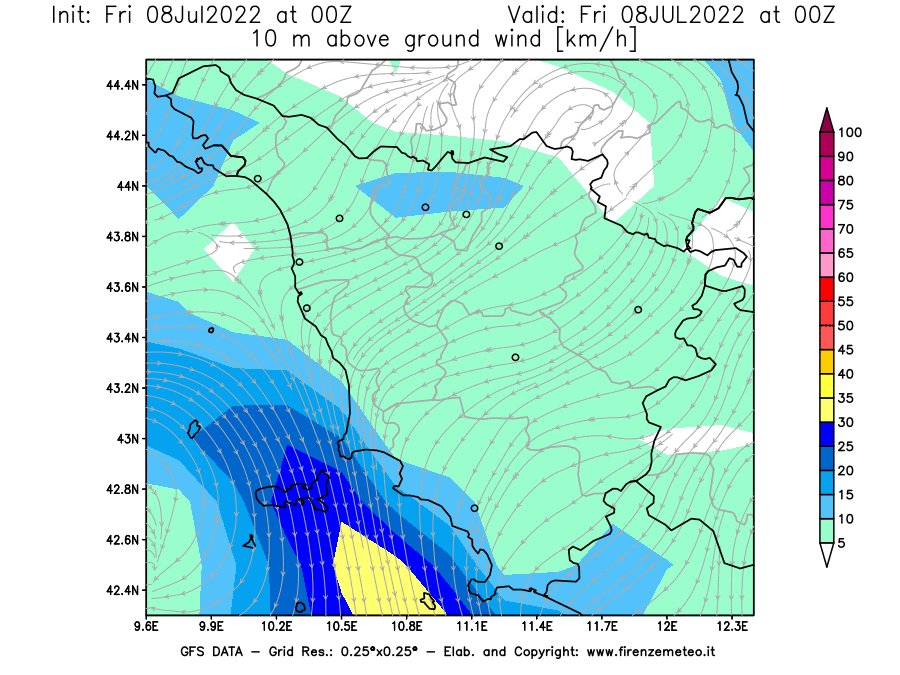 Mappa di analisi GFS - Velocità del vento a 10 metri dal suolo [km/h] in Toscana
							del 08/07/2022 00 <!--googleoff: index-->UTC<!--googleon: index-->